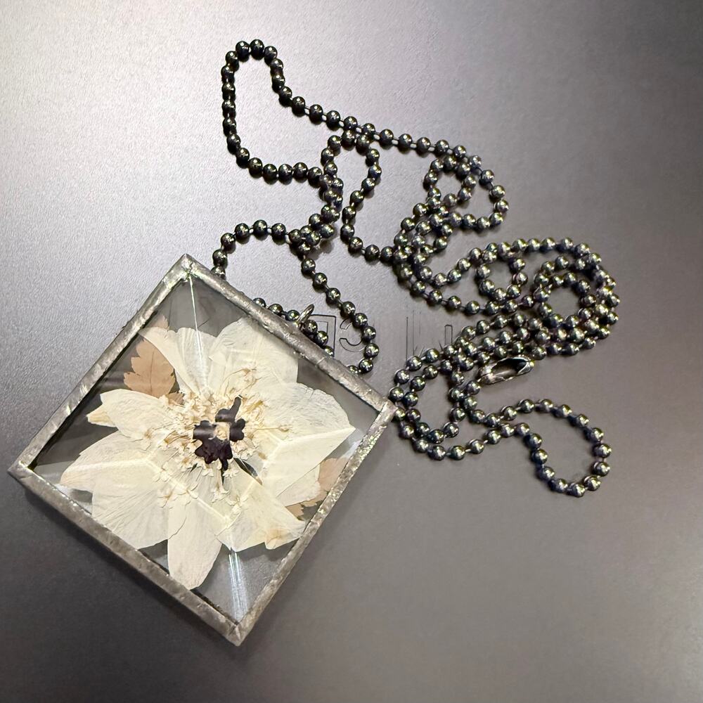 Handcrafted Dried Wild Flower Faceted Square Glass Pendant